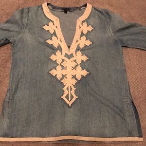 J Crew jean top with cream embroidery